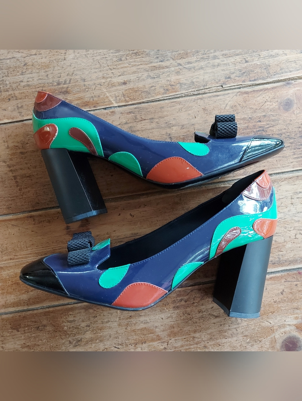 Bottega Veneta multicolored patent leather shoes with a bow  block heel size 39